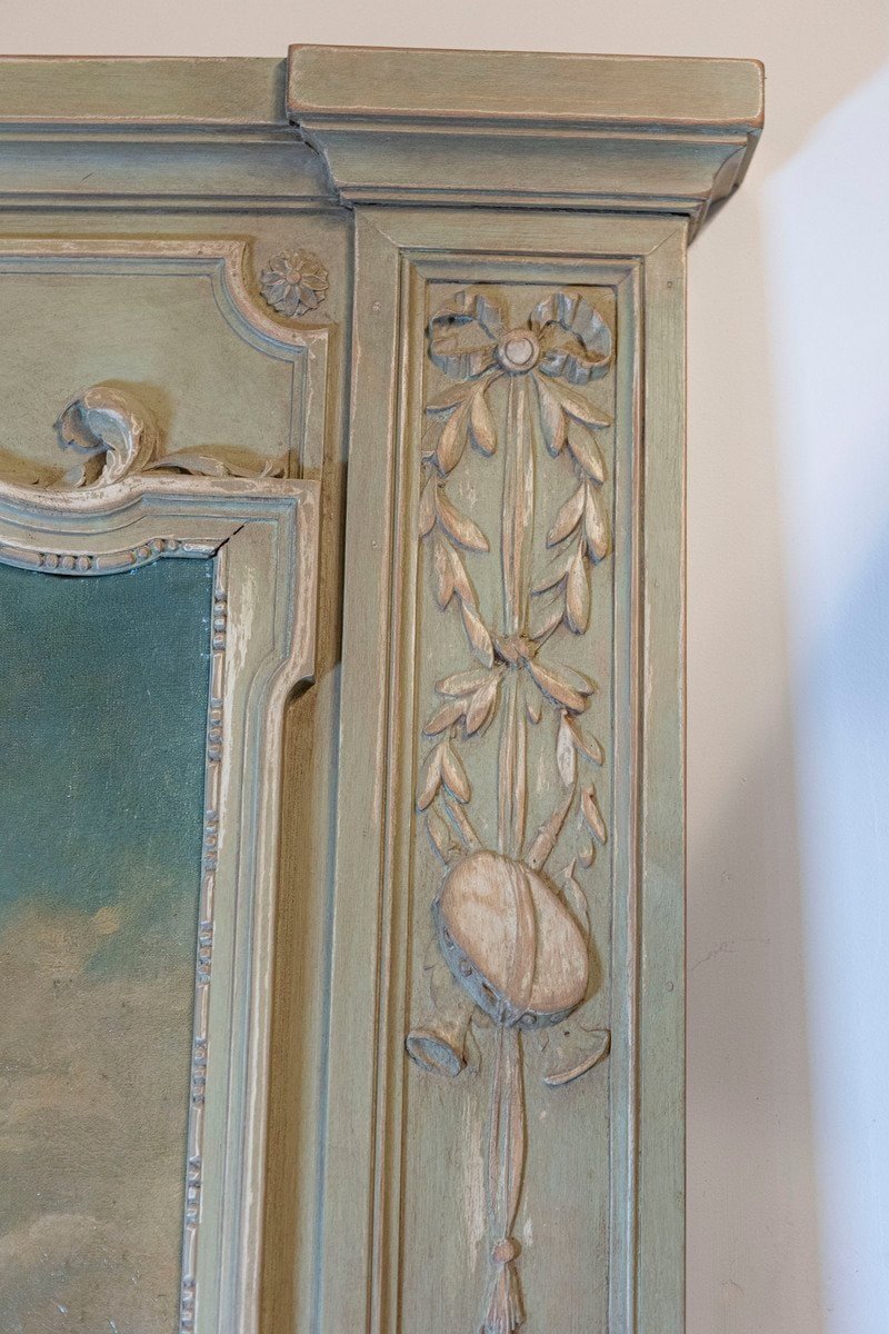 French 1870s Napoléon III Period Painted Trumeau Mirror with Floral Oil Painting - JAA