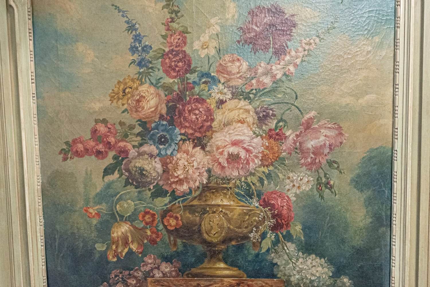 French 1870s Napoléon III Period Painted Trumeau Mirror with Floral Oil Painting - JAA