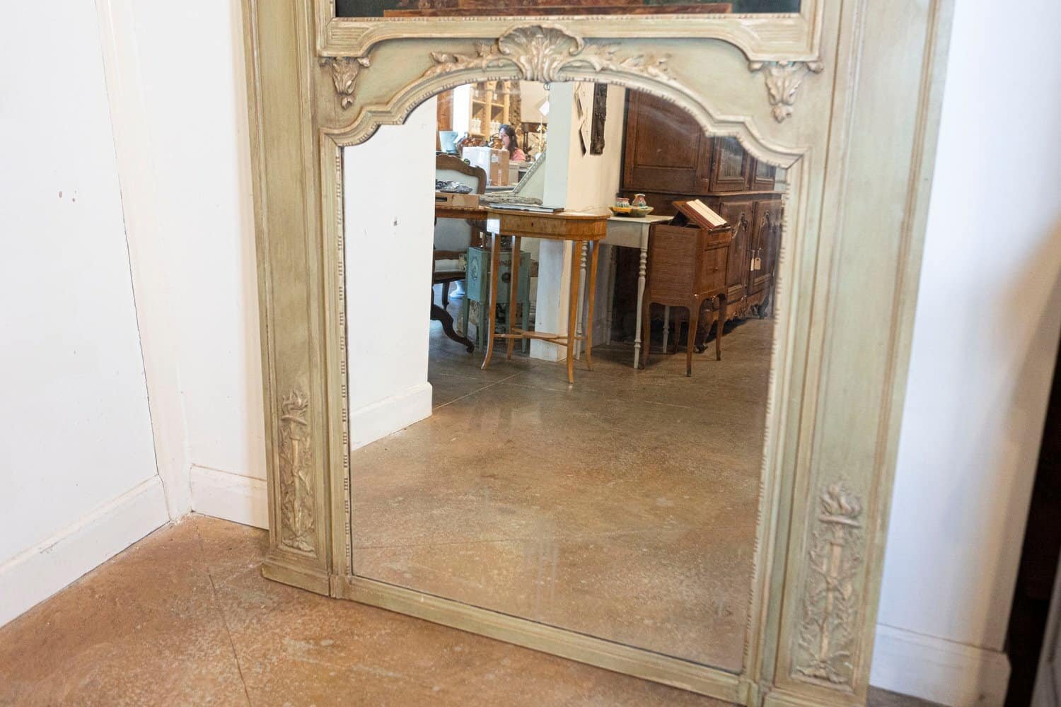 French 1870s Napoléon III Period Painted Trumeau Mirror with Floral Oil Painting - JAA