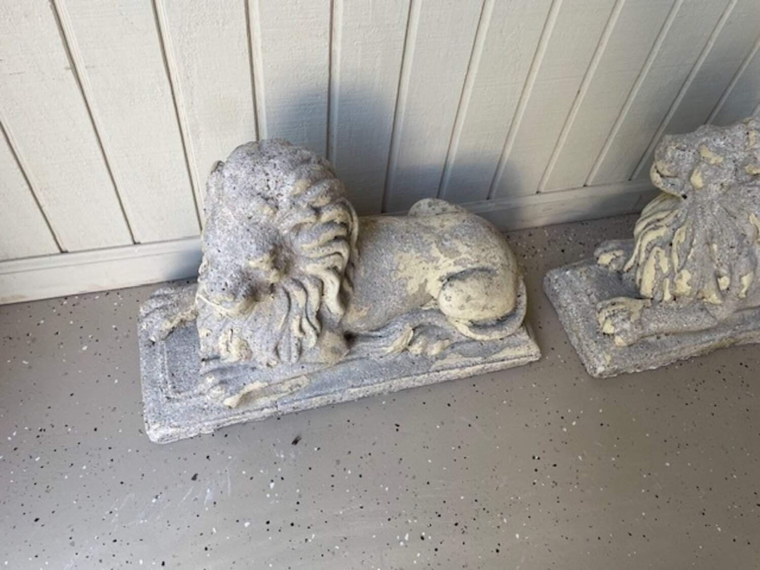 English 20th Century Pair of Composition Reclining Lion Sculptures with Patina - JAA