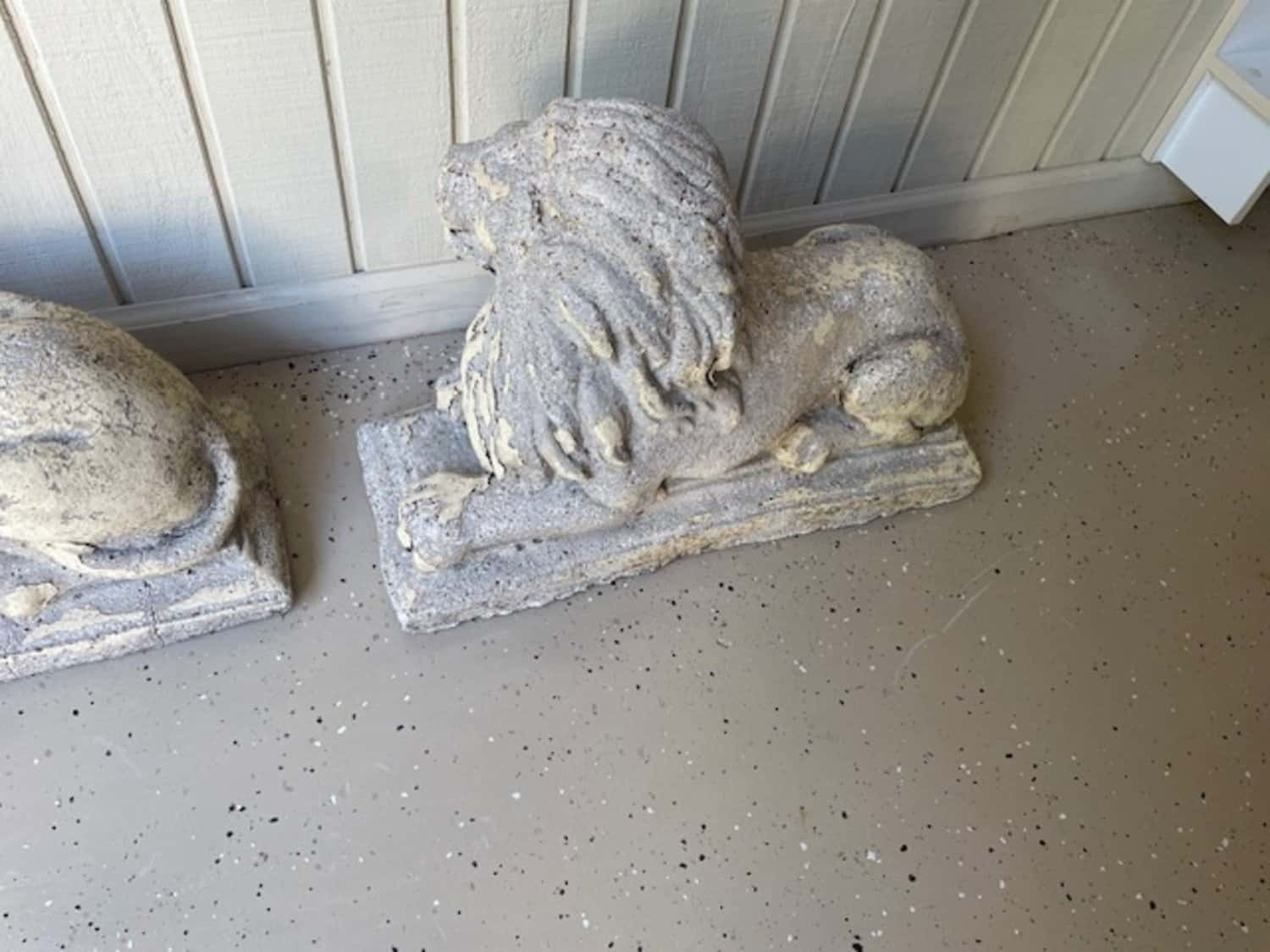 English 20th Century Pair of Composition Reclining Lion Sculptures with Patina - JAA