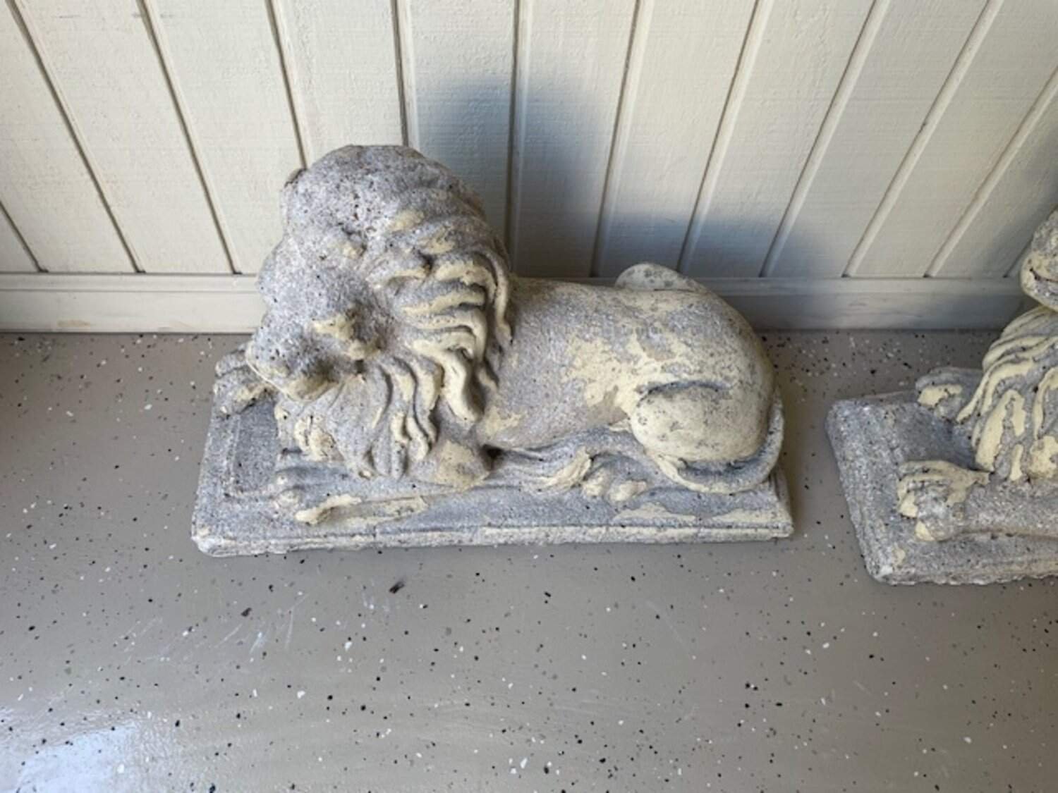 English 20th Century Pair of Composition Reclining Lion Sculptures with Patina - JAA