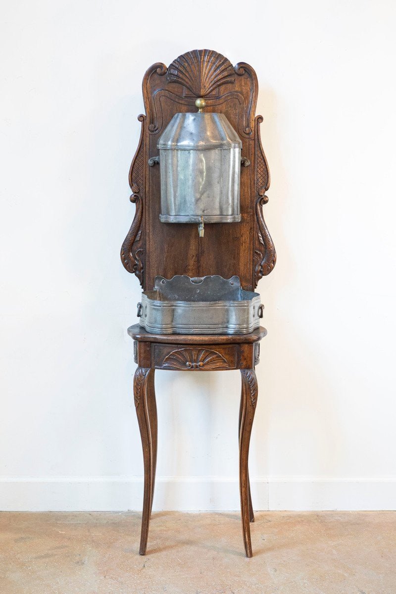 French 18th Century Louis XV Period Pewter Lavabo Mounted on Walnut Stand - JAA