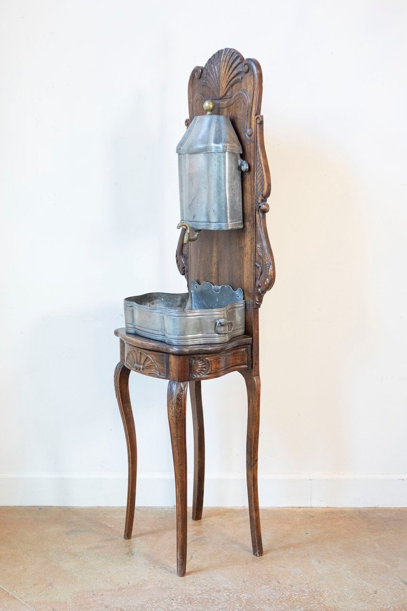 French 18th Century Louis XV Period Pewter Lavabo Mounted on Walnut Stand - JAA
