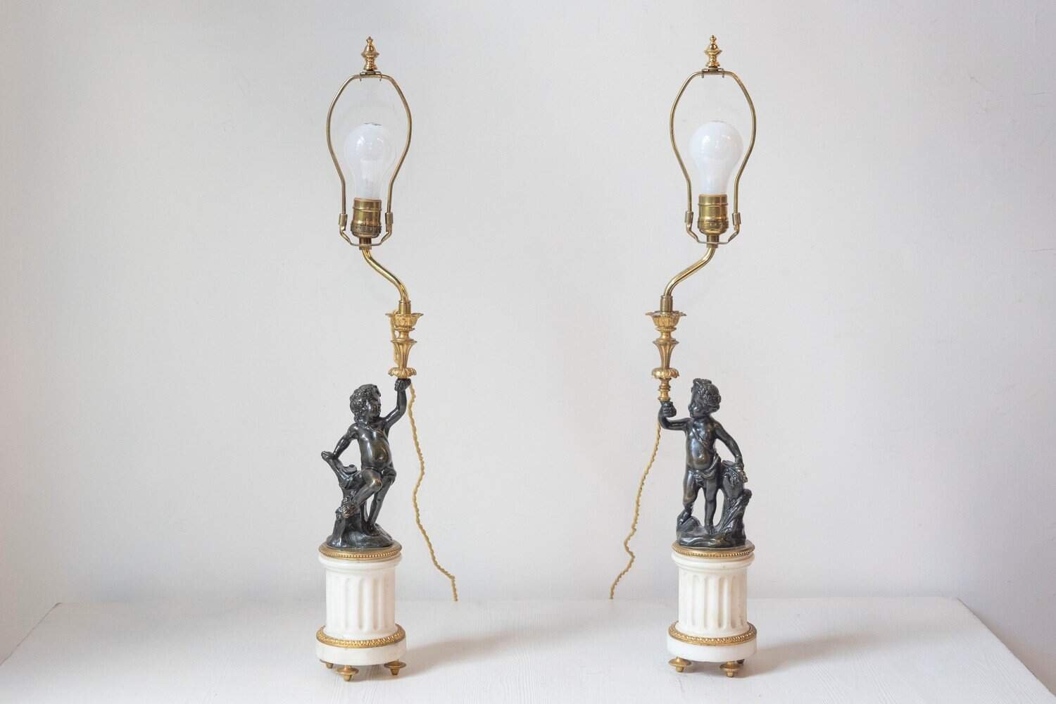 Pair of French 19th Century Neoclassical Style Marble and Bronze Putti Lamps - JAA