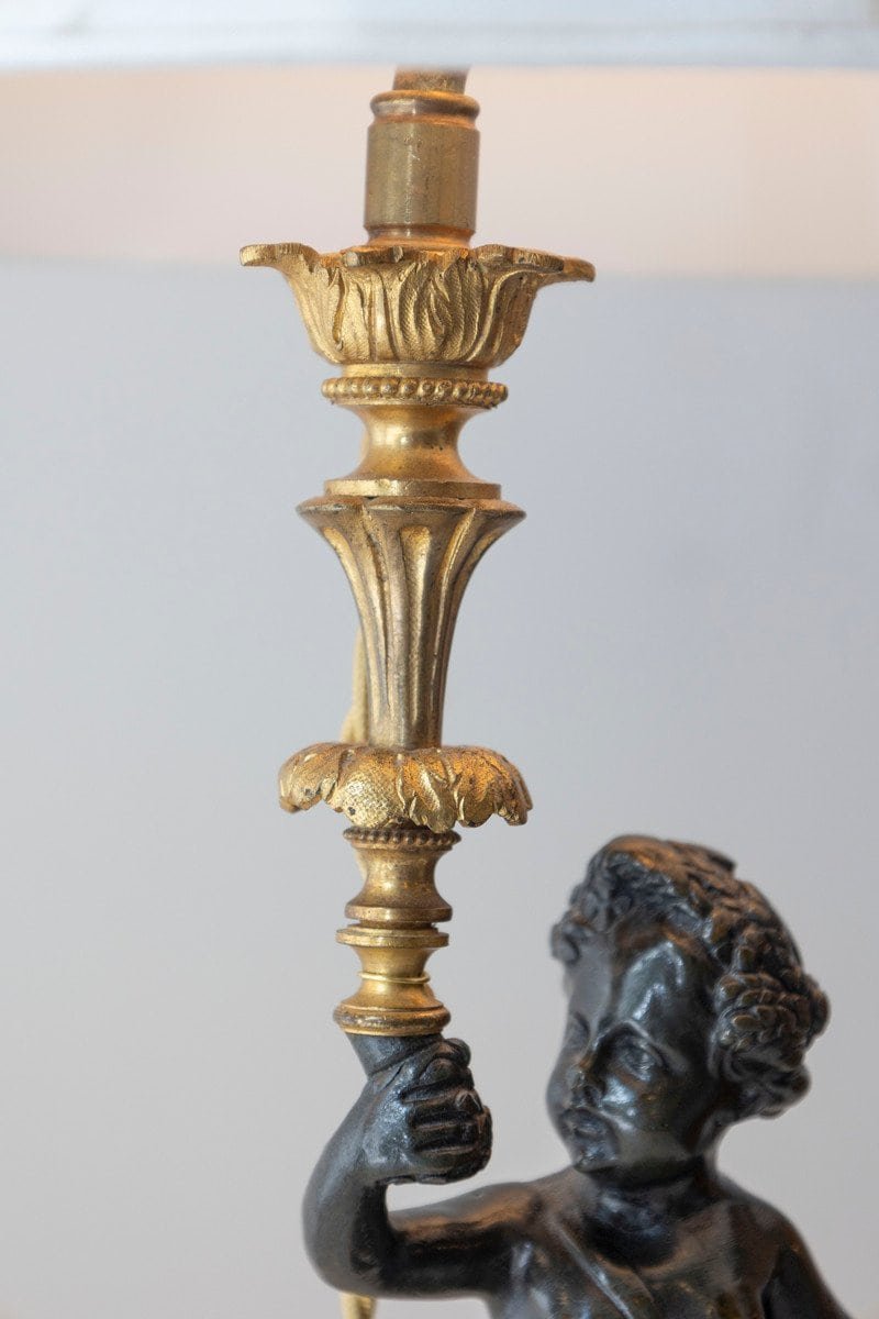 Pair of French 19th Century Neoclassical Style Marble and Bronze Putti Lamps - JAA