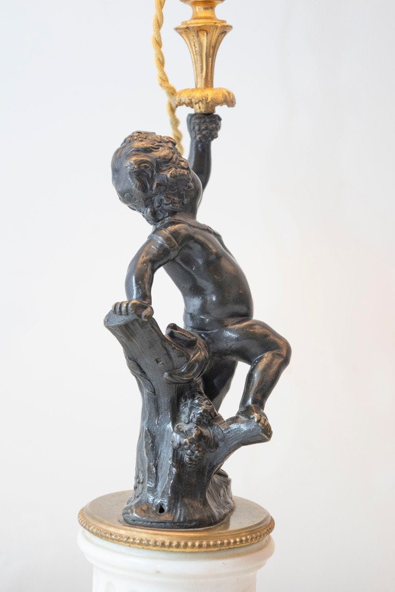 Pair of French 19th Century Neoclassical Style Marble and Bronze Putti Lamps - JAA
