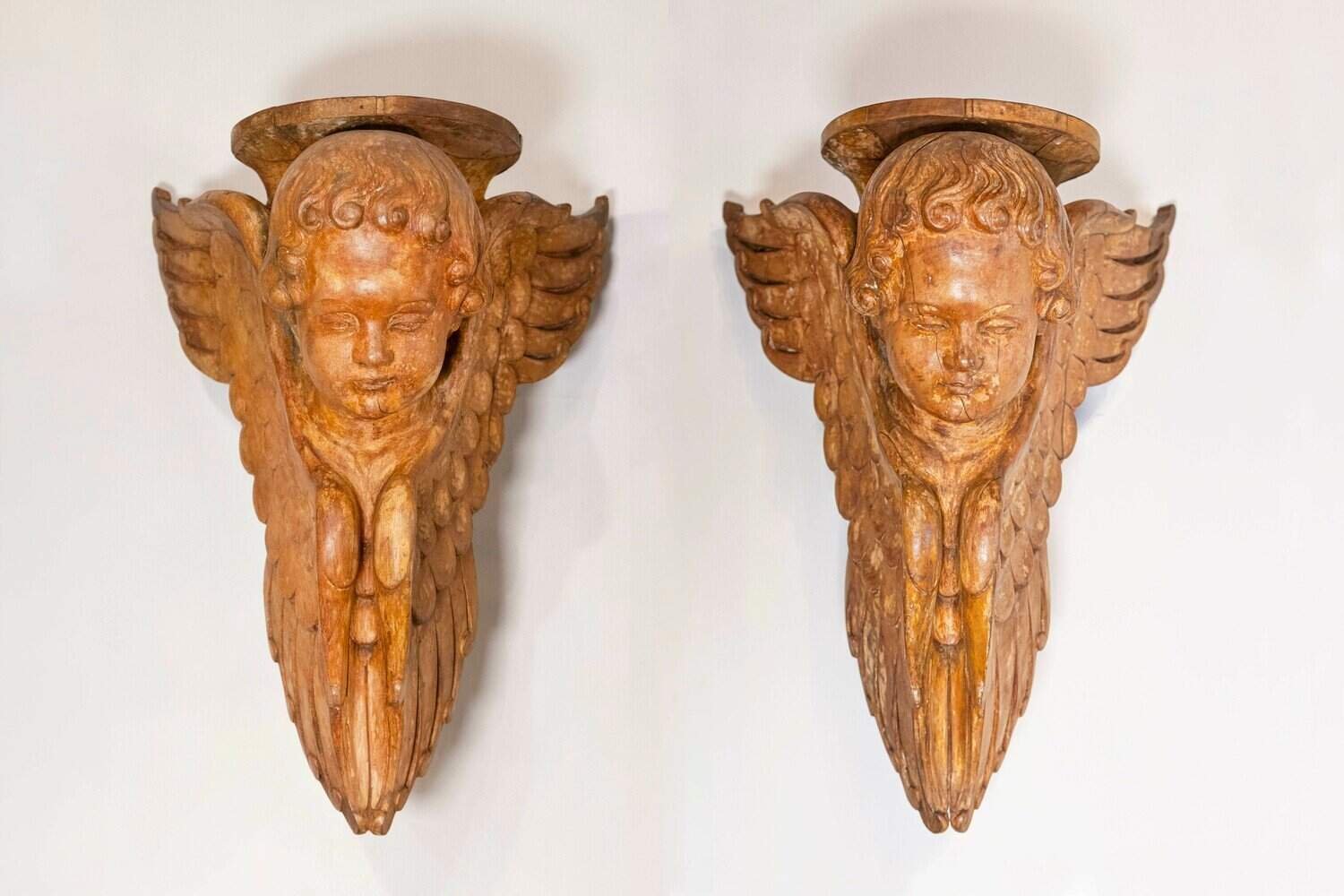 Pair of French 19th Century Wooden Wall Brackets with Carved Cherubs - JAA