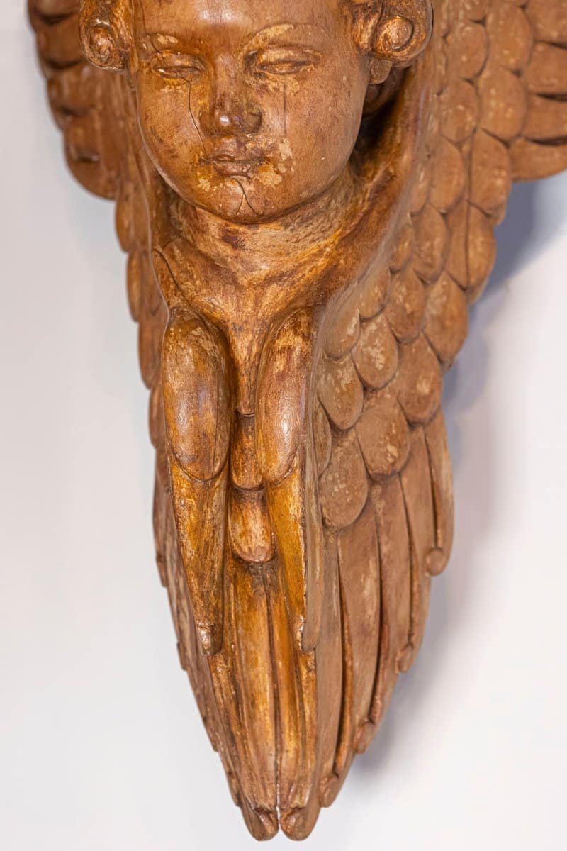 Pair of French 19th Century Wooden Wall Brackets with Carved Cherubs - JAA