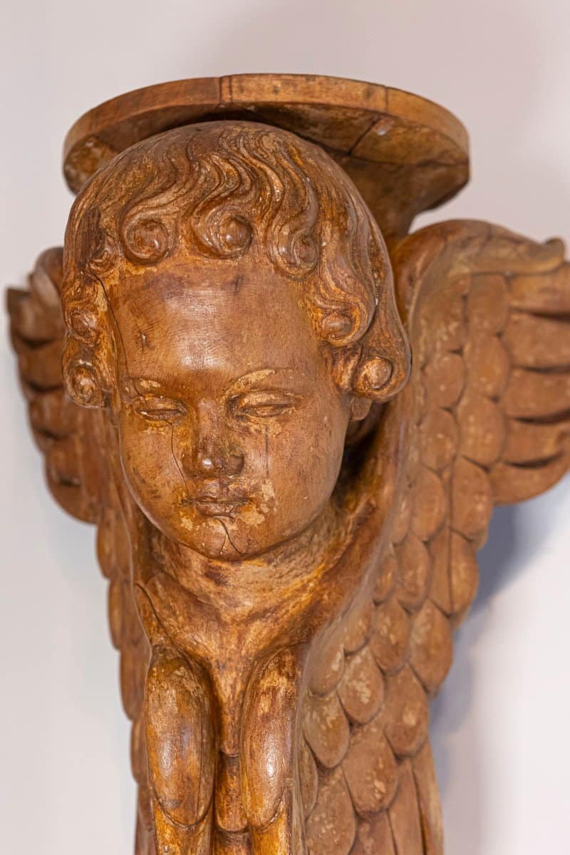 Pair of French 19th Century Wooden Wall Brackets with Carved Cherubs - JAA