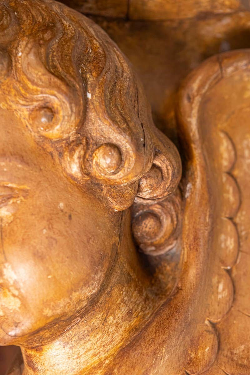 Pair of French 19th Century Wooden Wall Brackets with Carved Cherubs - JAA