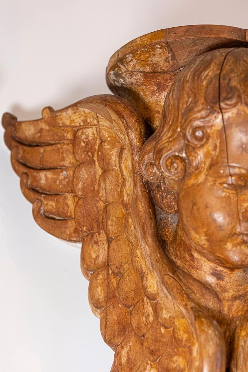 Pair of French 19th Century Wooden Wall Brackets with Carved Cherubs - JAA