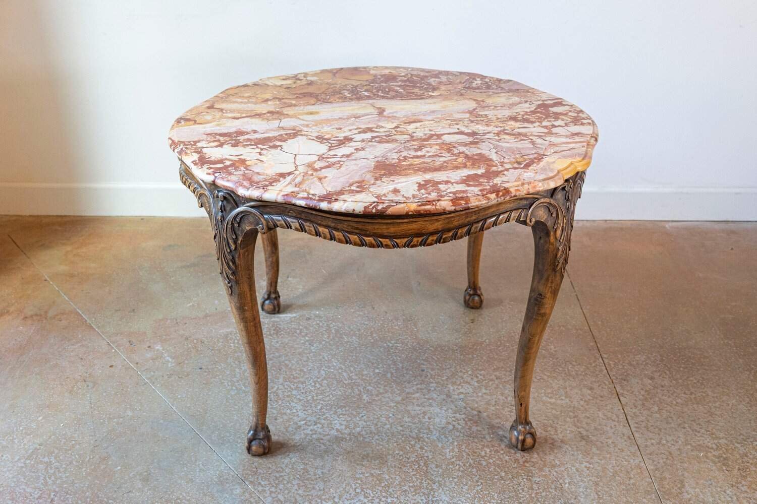 French 19th Century Carved Walnut Center Table with Original Variegated Marble - JAA