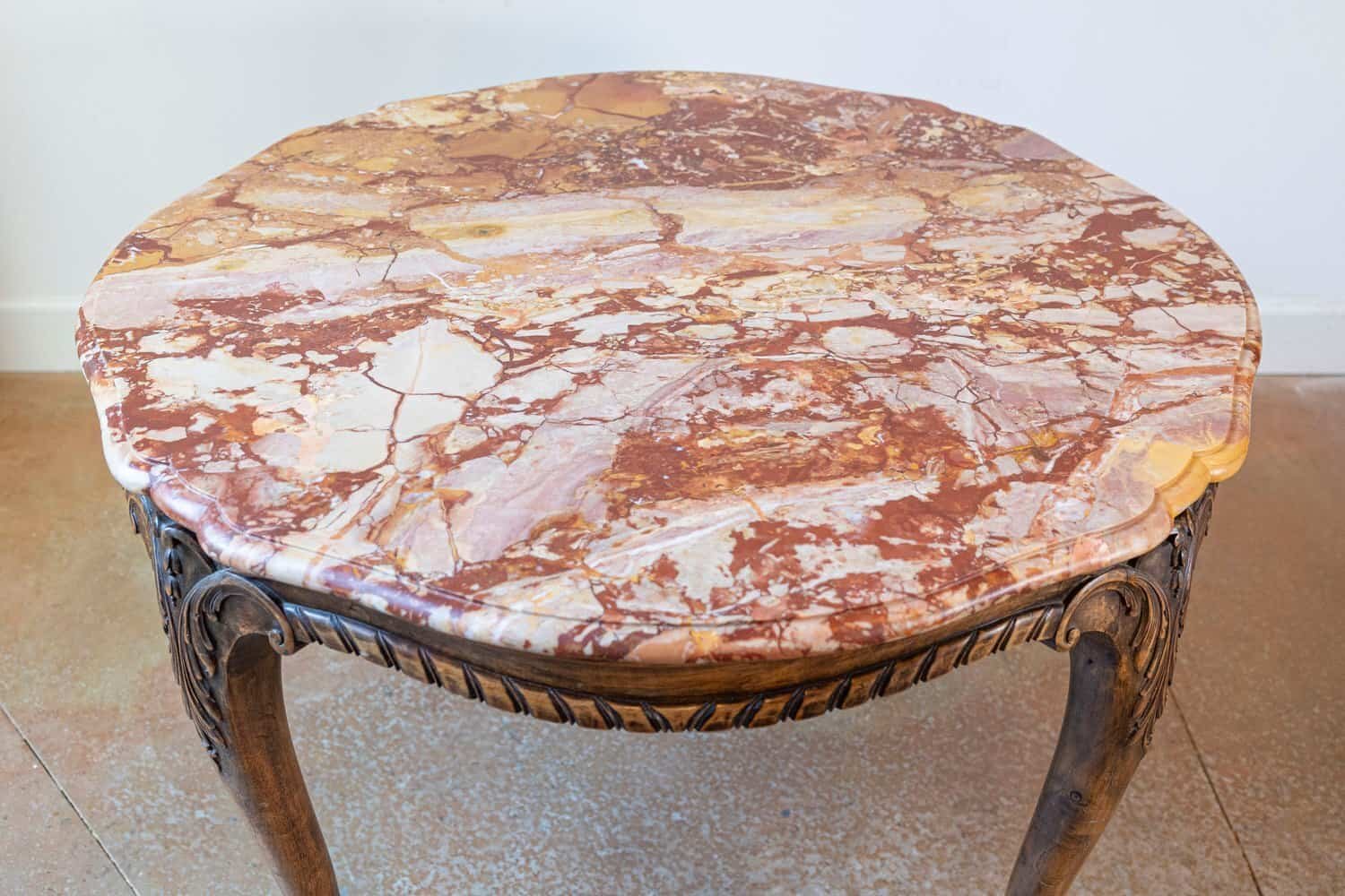 French 19th Century Carved Walnut Center Table with Original Variegated Marble - JAA