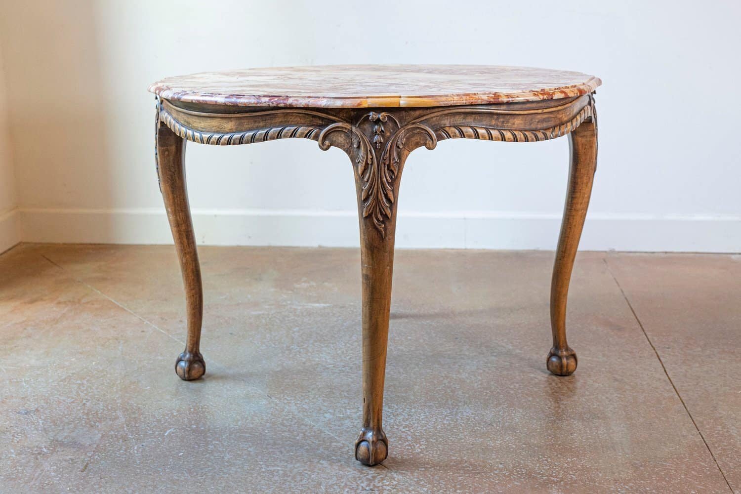 French 19th Century Carved Walnut Center Table with Original Variegated Marble - JAA