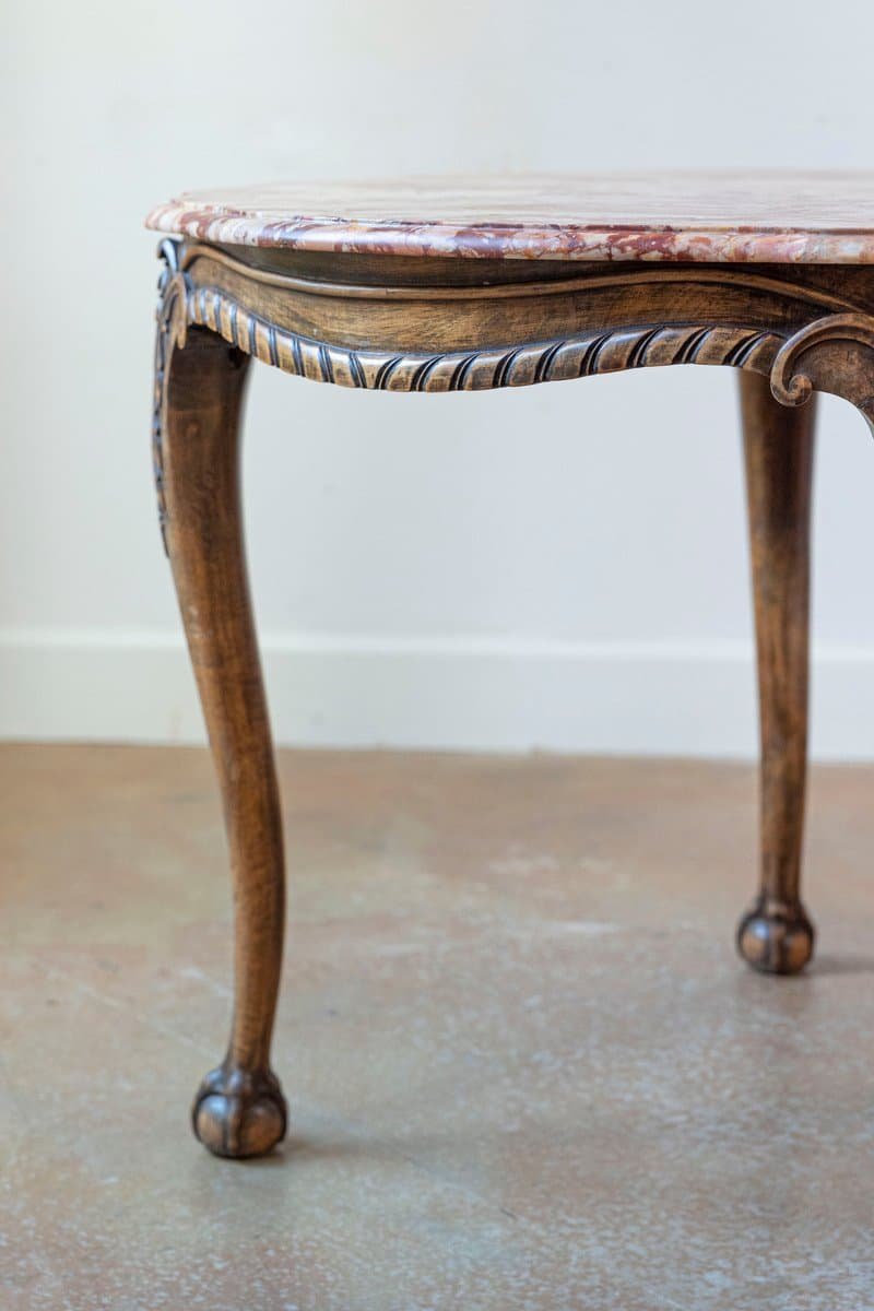 French 19th Century Carved Walnut Center Table with Original Variegated Marble - JAA