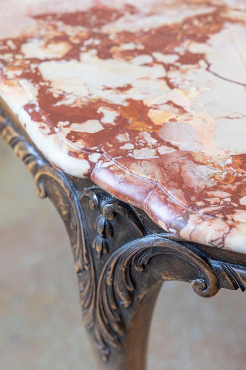 French 19th Century Carved Walnut Center Table with Original Variegated Marble - JAA