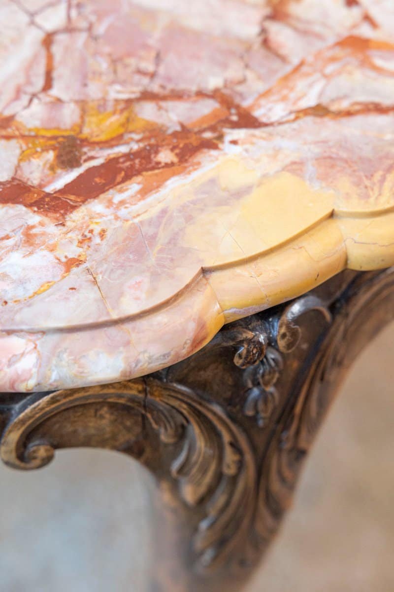 French 19th Century Carved Walnut Center Table with Original Variegated Marble - JAA