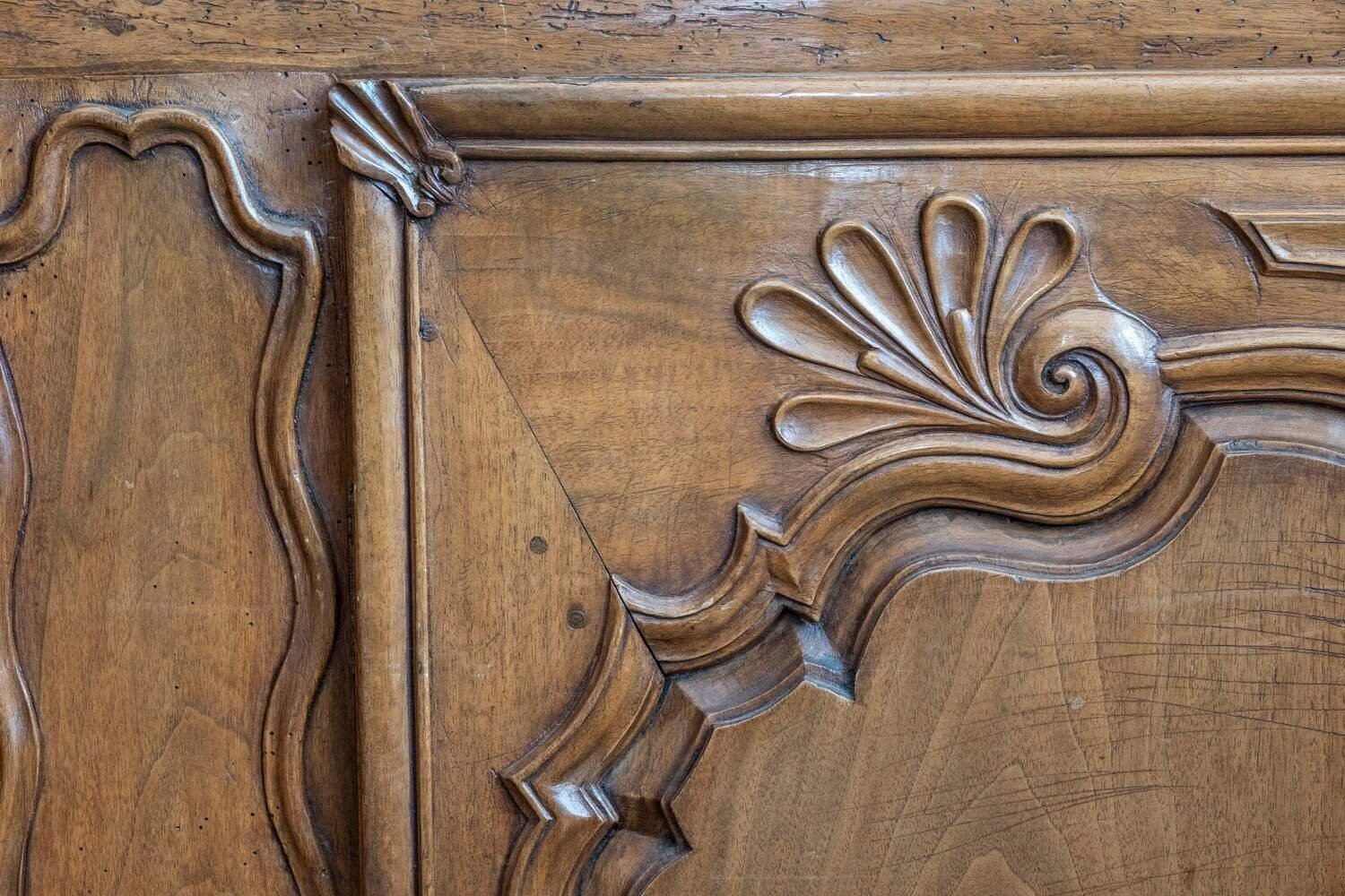 French 1750s Louis XV Period Walnut Buffet with Star Inlay and Carved Shells - JAA