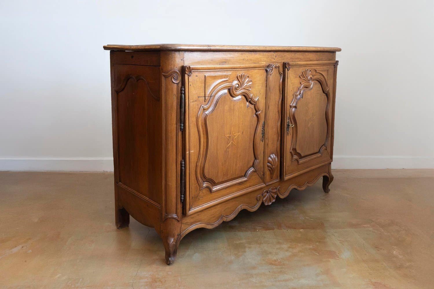 French 1750s Louis XV Period Walnut Buffet with Star Inlay and Carved Shells - JAA