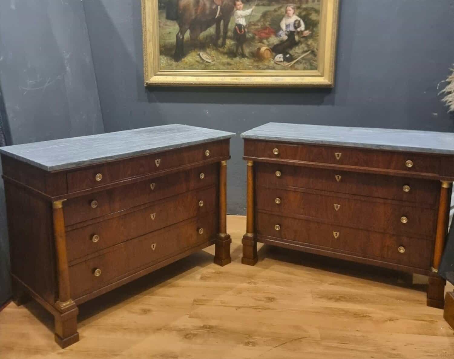 ON HOLD - Pair Of Walnut Empire Chests Of Drawers 1810 With Marble Tops - JAA