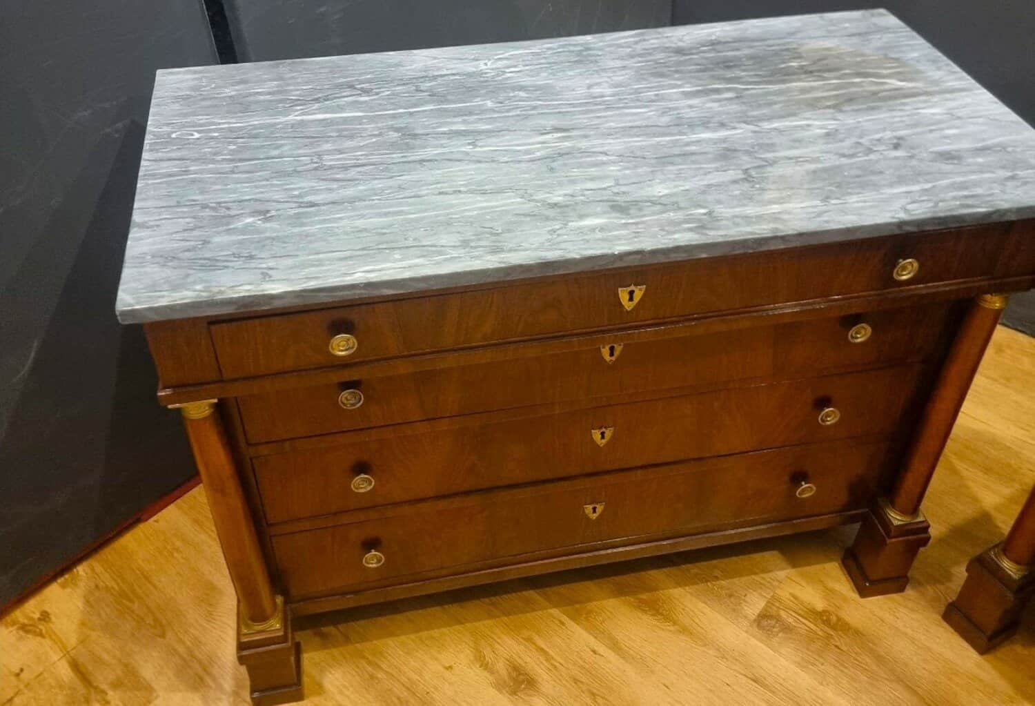 ON HOLD - Pair Of Walnut Empire Chests Of Drawers 1810 With Marble Tops - JAA