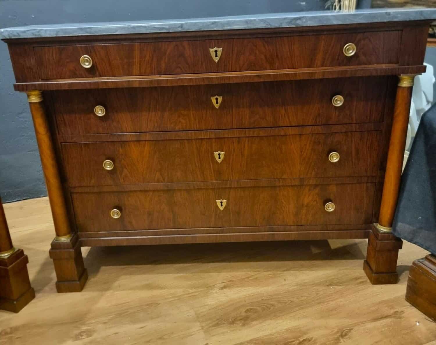 ON HOLD - Pair Of Walnut Empire Chests Of Drawers 1810 With Marble Tops - JAA