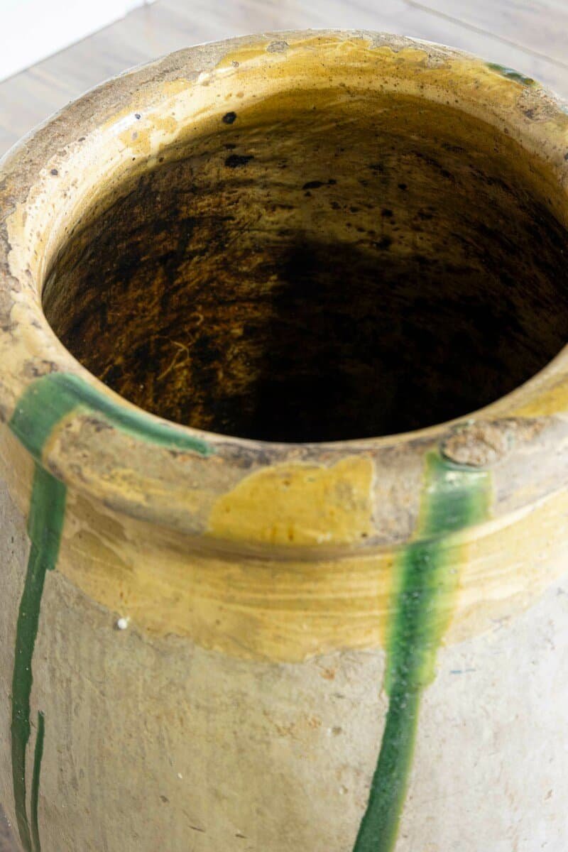 French 18th Century Provincial Olive Oil Biot Jar with Yellow and Green Glaze - JAA