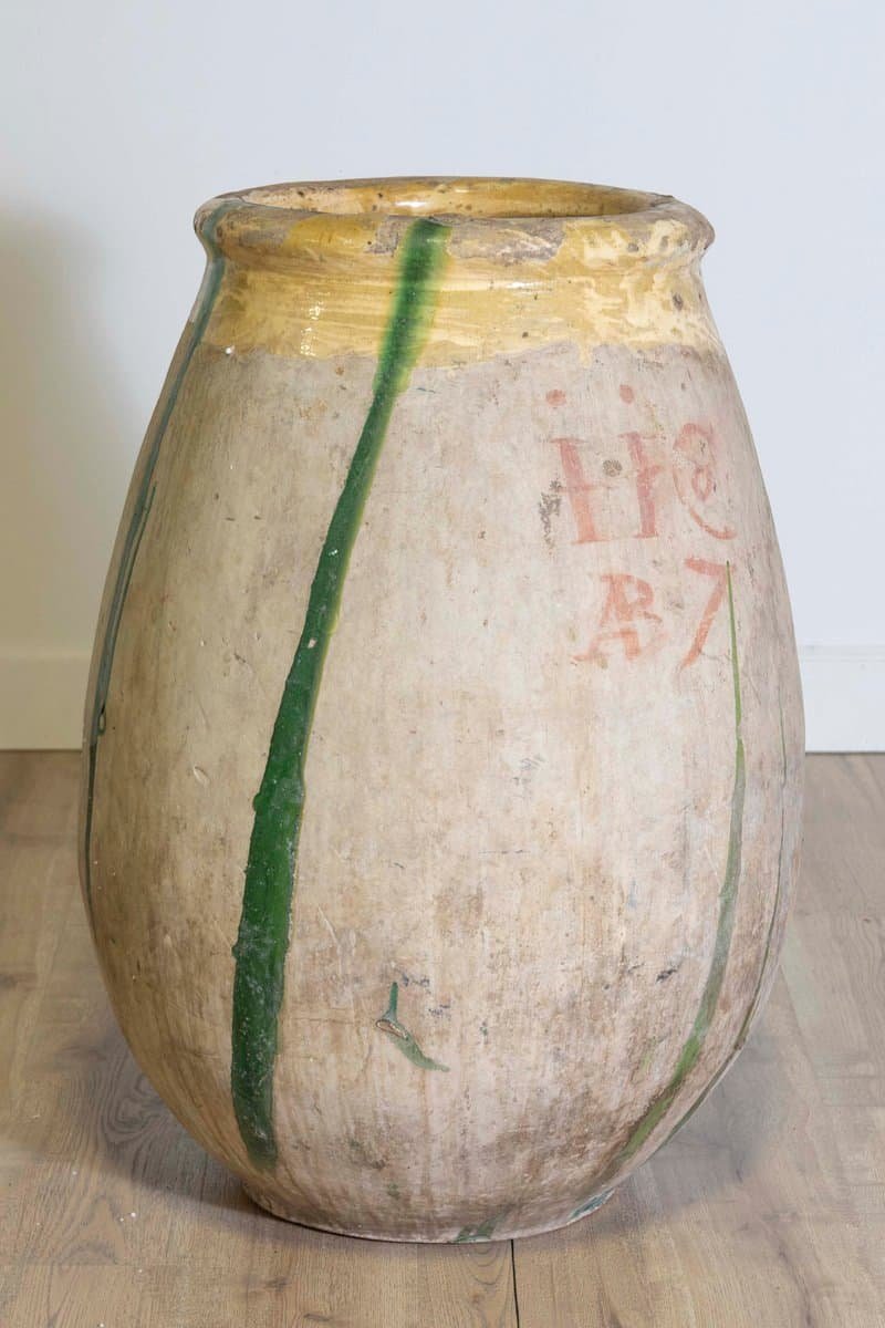 French 18th Century Provincial Olive Oil Biot Jar with Yellow and Green Glaze - JAA