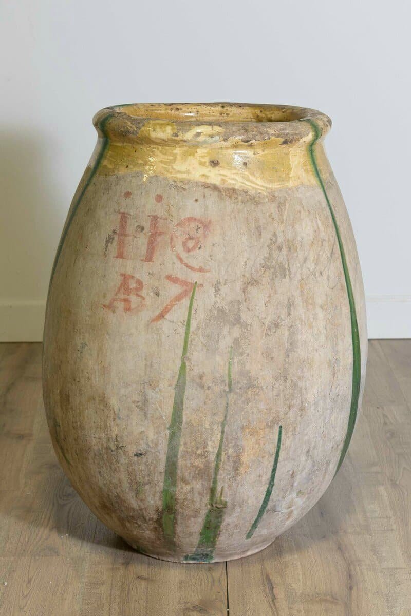 French 18th Century Provincial Olive Oil Biot Jar with Yellow and Green Glaze - JAA