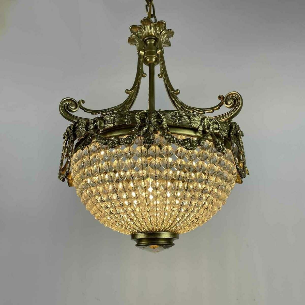 French Bronze Crystal Beaded Basket Chandelier Early 1900s - JAA