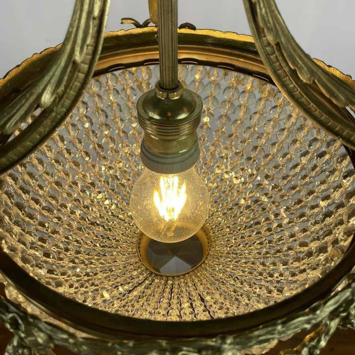 French Bronze Crystal Beaded Basket Chandelier Early 1900s - JAA