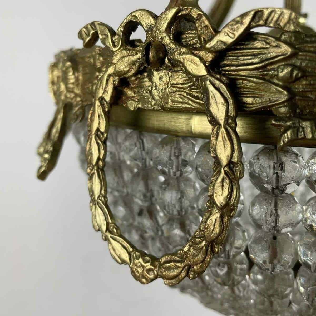 French Bronze Crystal Beaded Basket Chandelier Early 1900s - JAA