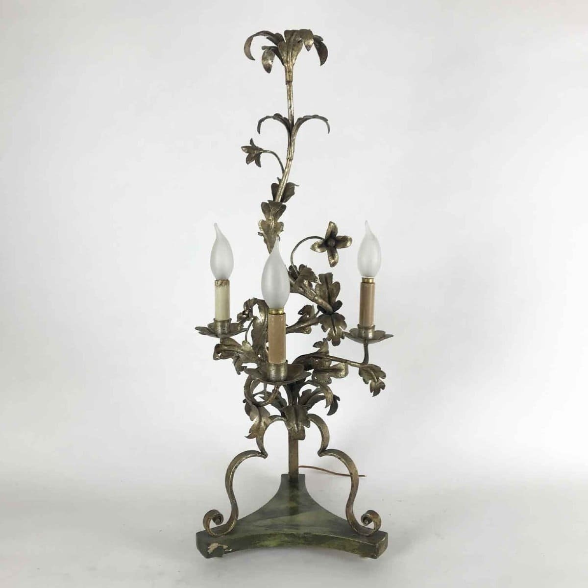 Pair Of Italian Candelabra 20th Century Silver-leaf Wrought Iron Foliate Lamps - JAA