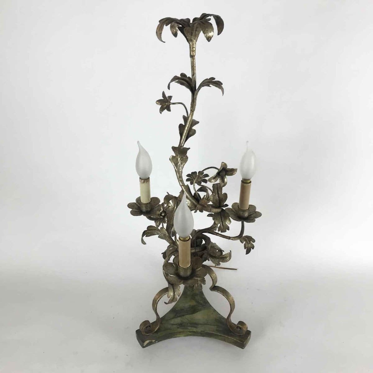 Pair Of Italian Candelabra 20th Century Silver-leaf Wrought Iron Foliate Lamps - JAA