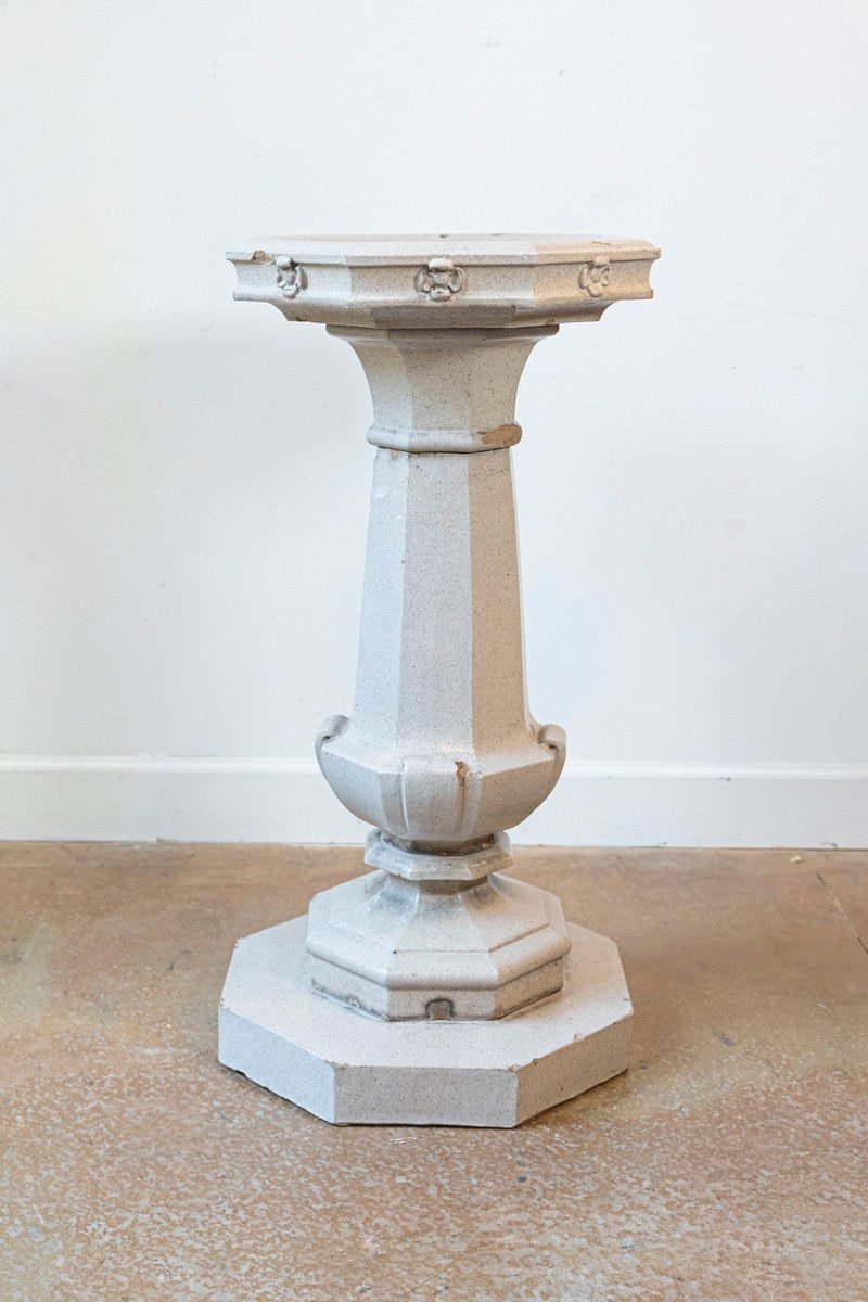 English Turn of the Century Glazed Pottery Bird Bath with Carved Flowers - JAA