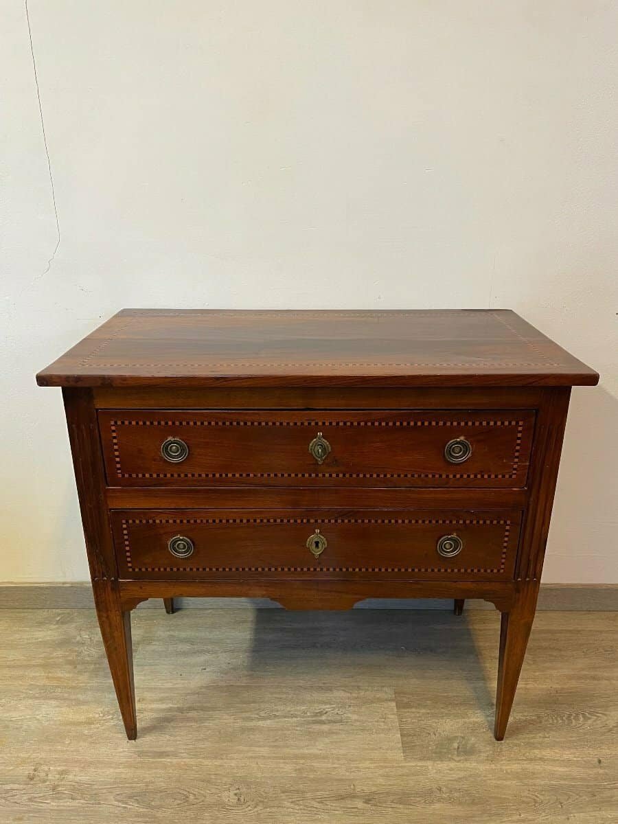 18th Century Louis XVI Style Walnut Commode with Marquetry Frieze - JAA