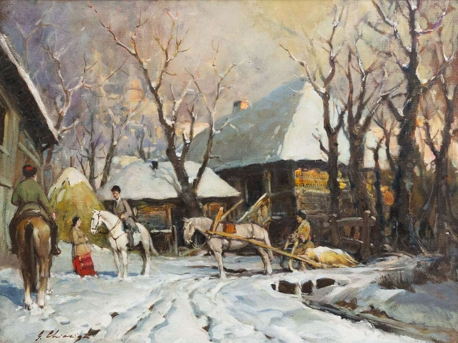 Chiacigh, “russian Landscape With Figures And Horses,” Oil On Canvas, Signed, Mid-20th - JAA