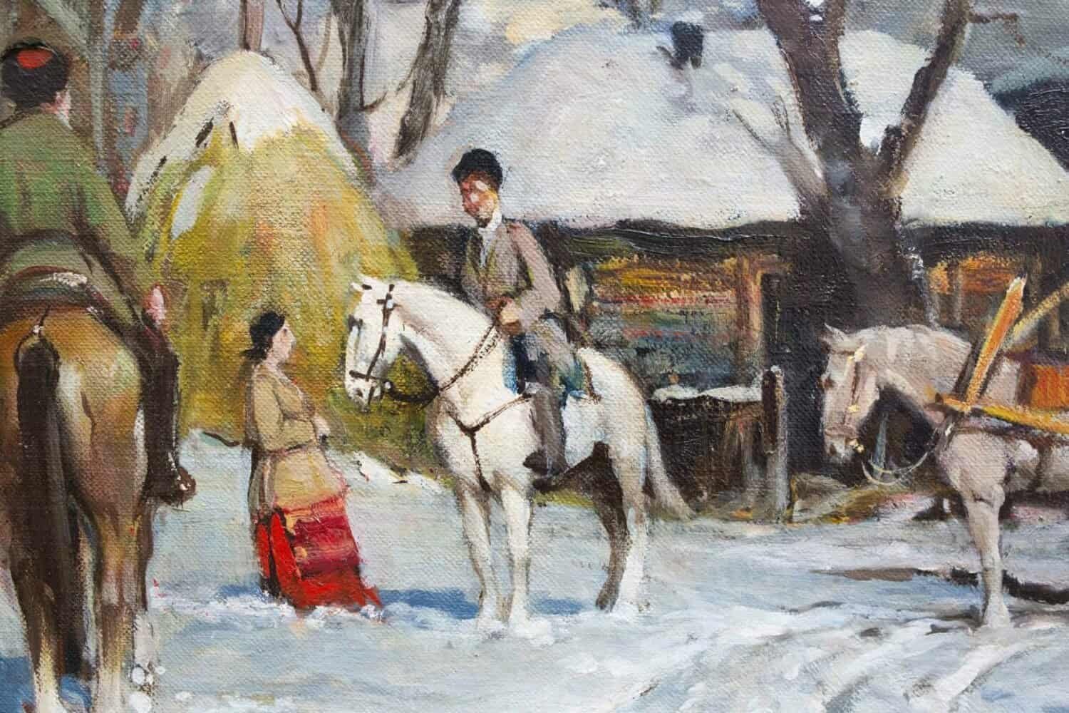 Chiacigh, “russian Landscape With Figures And Horses,” Oil On Canvas, Signed, Mid-20th - JAA
