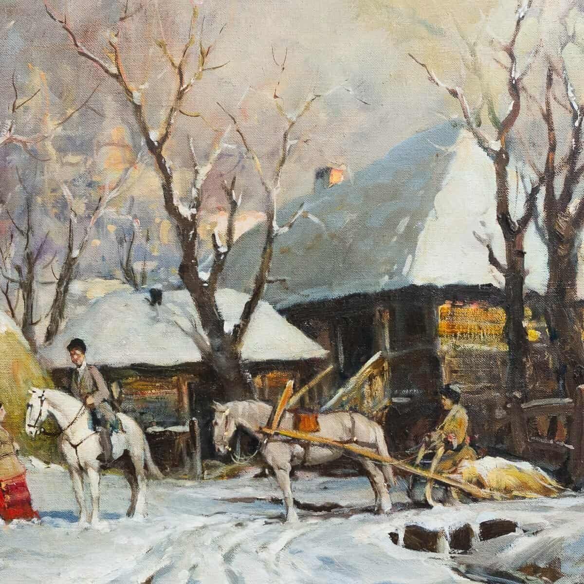 Chiacigh, “russian Landscape With Figures And Horses,” Oil On Canvas, Signed, Mid-20th - JAA