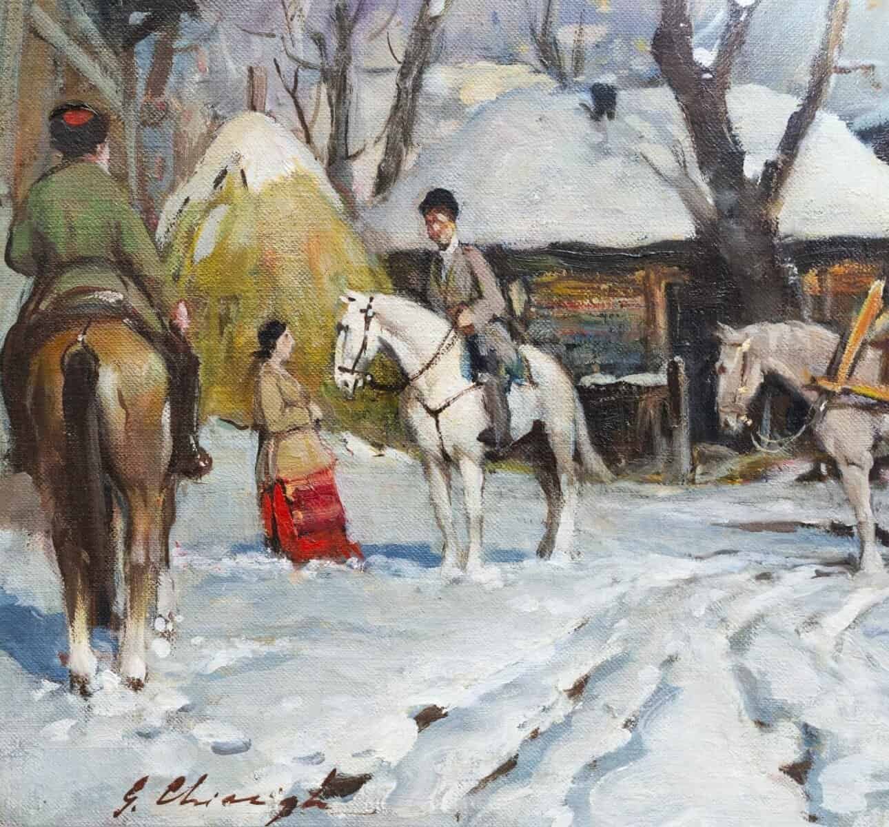 Chiacigh, “russian Landscape With Figures And Horses,” Oil On Canvas, Signed, Mid-20th - JAA