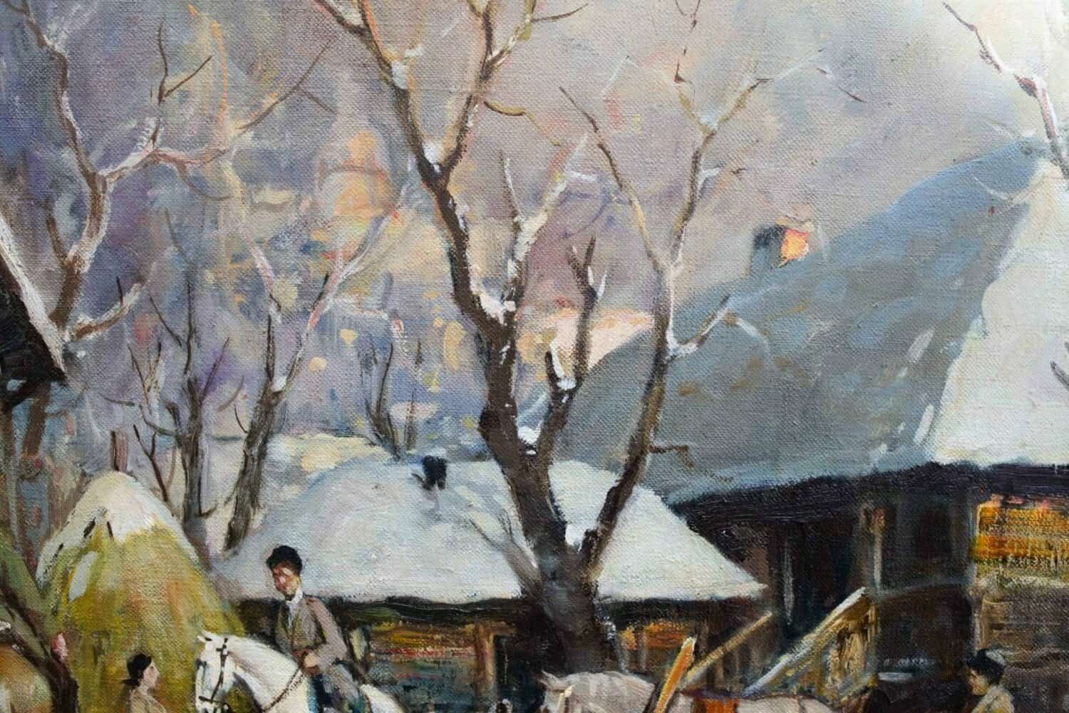 Chiacigh, “russian Landscape With Figures And Horses,” Oil On Canvas, Signed, Mid-20th - JAA