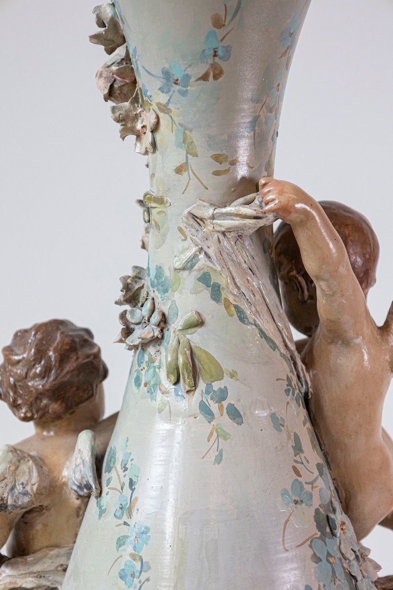 French 1870s Slender Majolica Vase with Floral Décor and High-Relief Cherubs - JAA
