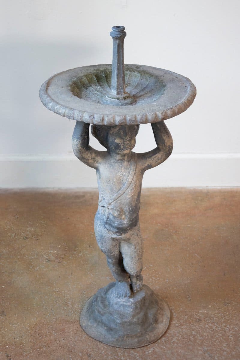 English circa 1920 Lead Garden Fountain with Putti Figure and Scalloped Basin - JAA