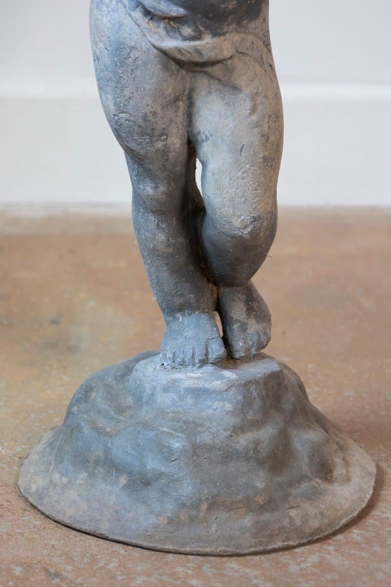 English circa 1920 Lead Garden Fountain with Putti Figure and Scalloped Basin - JAA