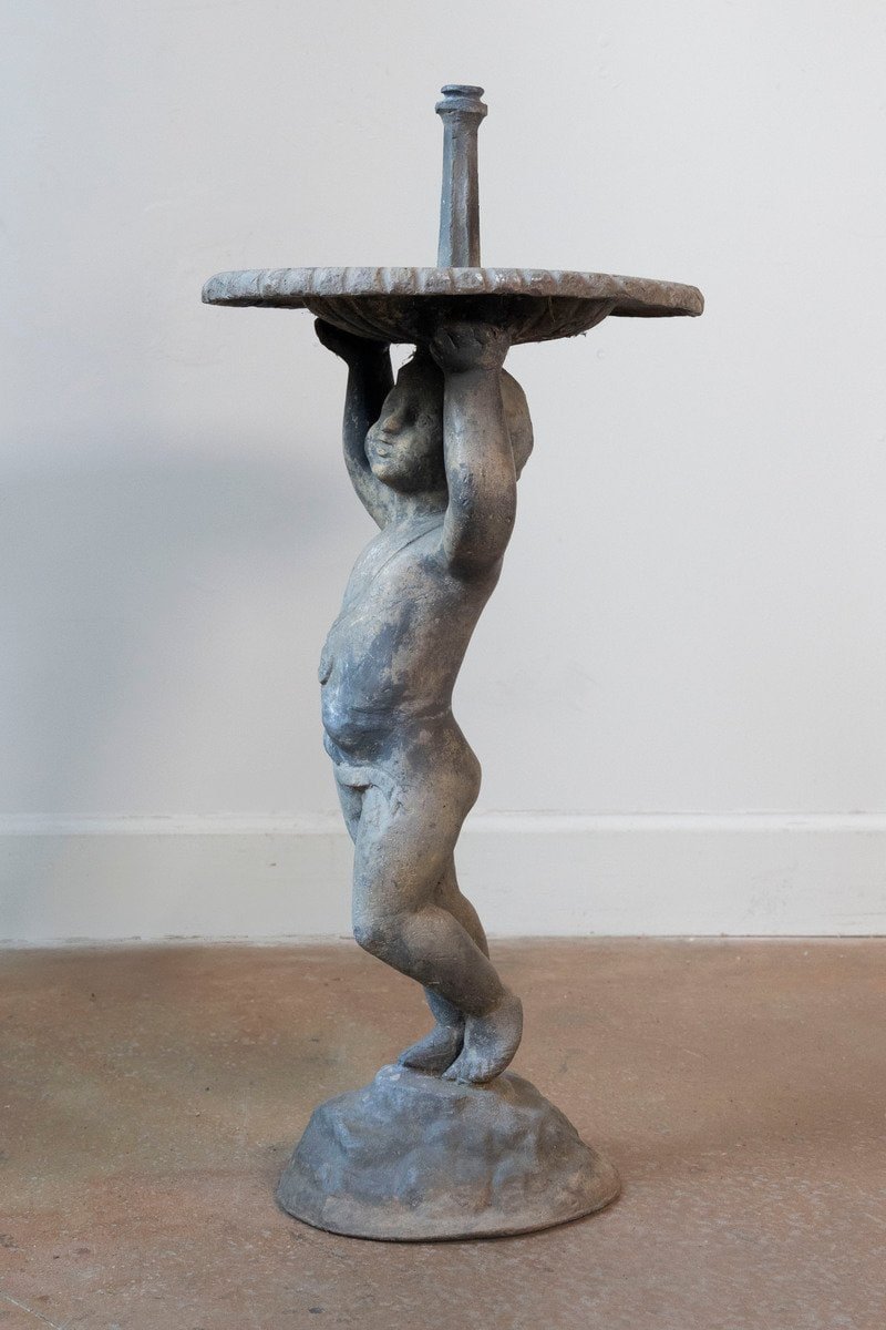 English circa 1920 Lead Garden Fountain with Putti Figure and Scalloped Basin - JAA
