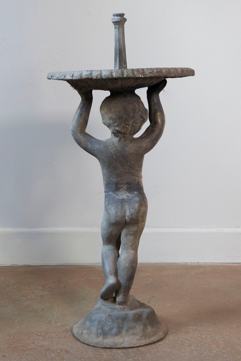 English circa 1920 Lead Garden Fountain with Putti Figure and Scalloped Basin - JAA