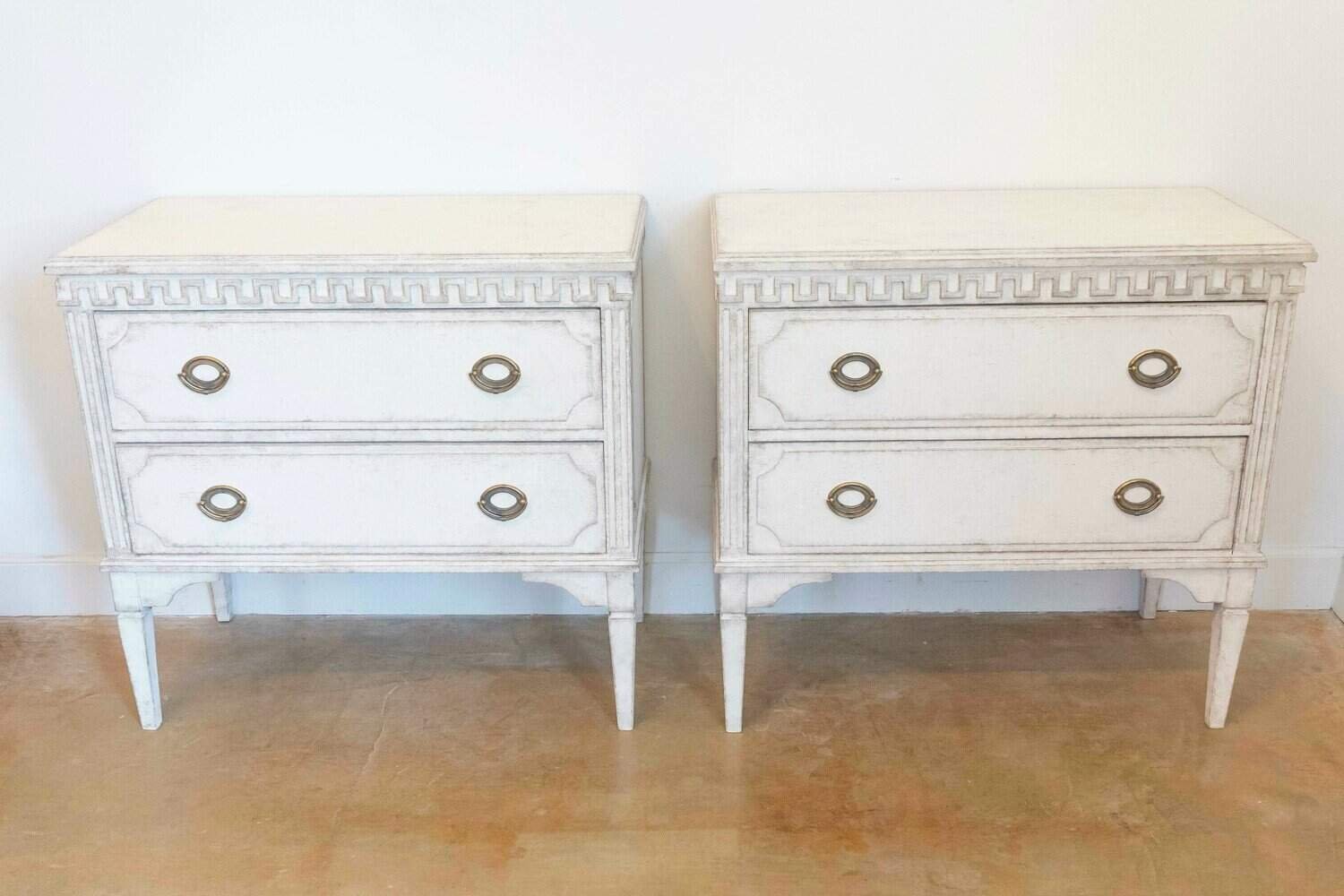Gustavian Style 19th Century Painted Swedish Chests with Carved Greek Key Frieze - JAA