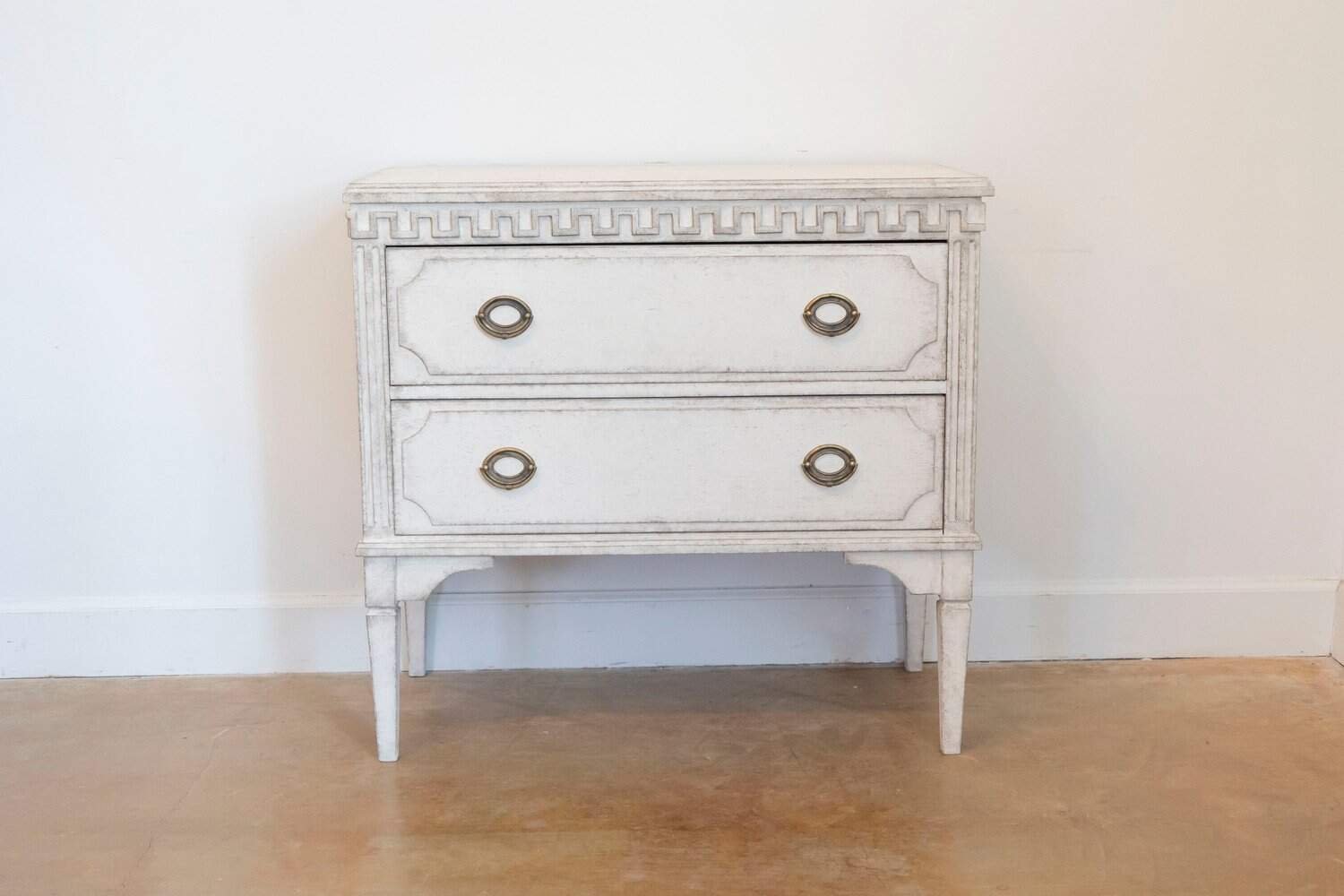 Gustavian Style 19th Century Painted Swedish Chests with Carved Greek Key Frieze - JAA
