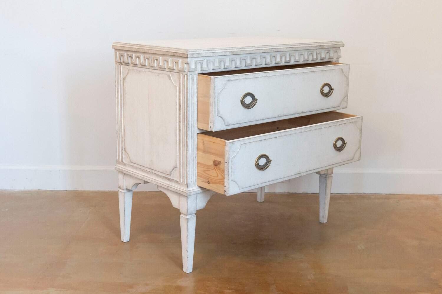 Gustavian Style 19th Century Painted Swedish Chests with Carved Greek Key Frieze - JAA
